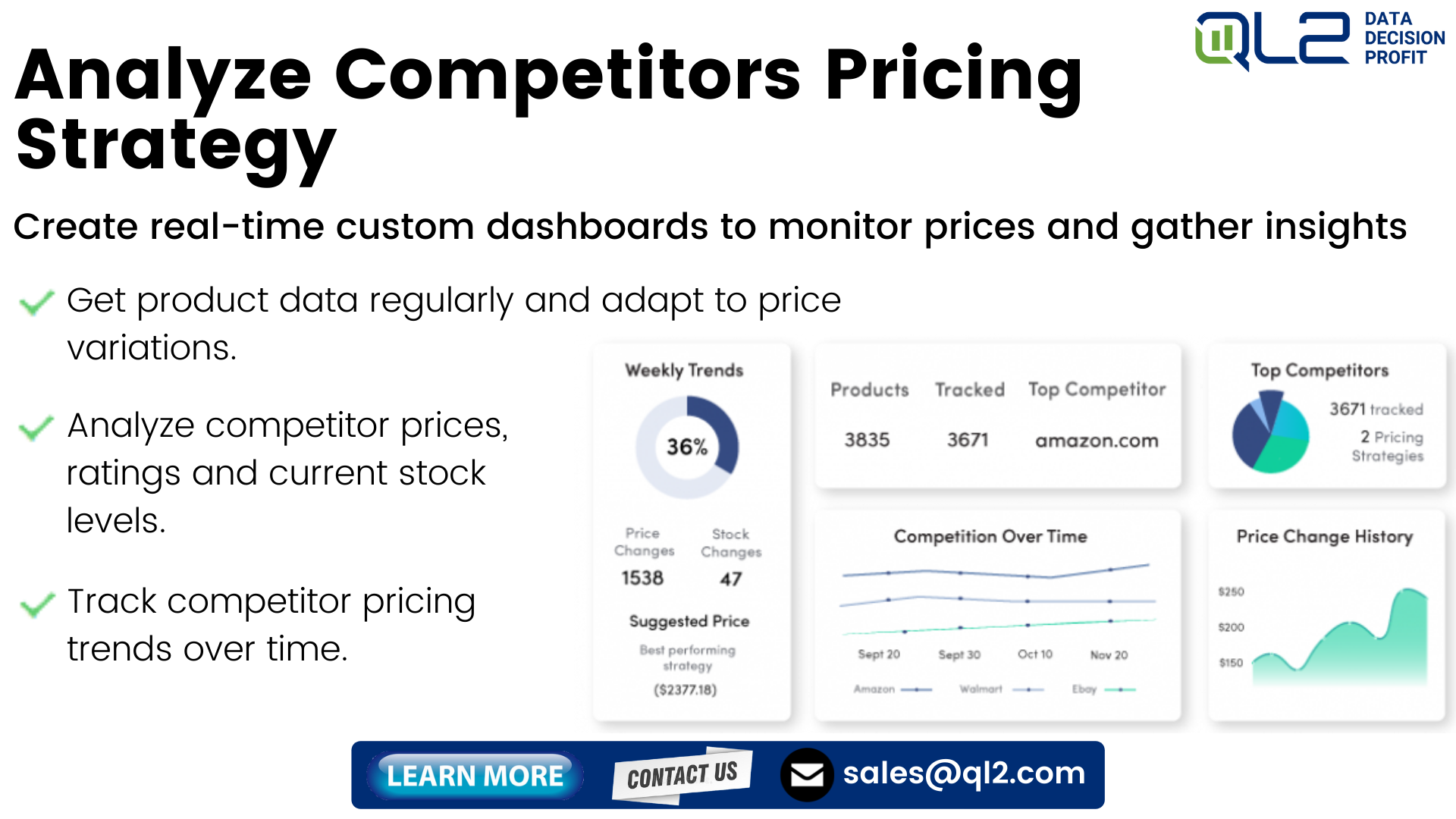 Create real-time custom dashboard to monitor prices and gather insights. Get product data regularly and adapt to price variations; analyze competitor prices, ratings, and current stock levels; and track competitor pricing trends over time.