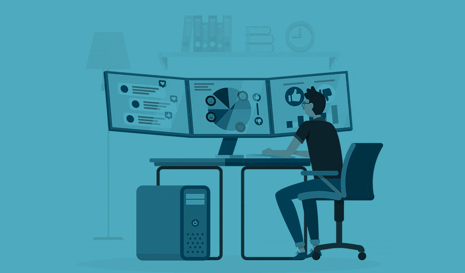 Animated man using mutlip monitors to view metrics